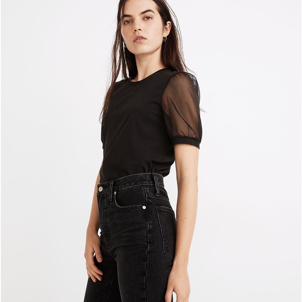 Sheer-Sleeve Knit Top Black Size Medium